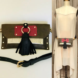 Handmade Red Black Gold & Green Leather Fanny Pack